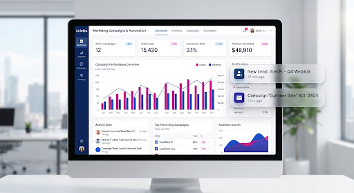 Marketing dashboard mockup showing analytics charts and activity feed